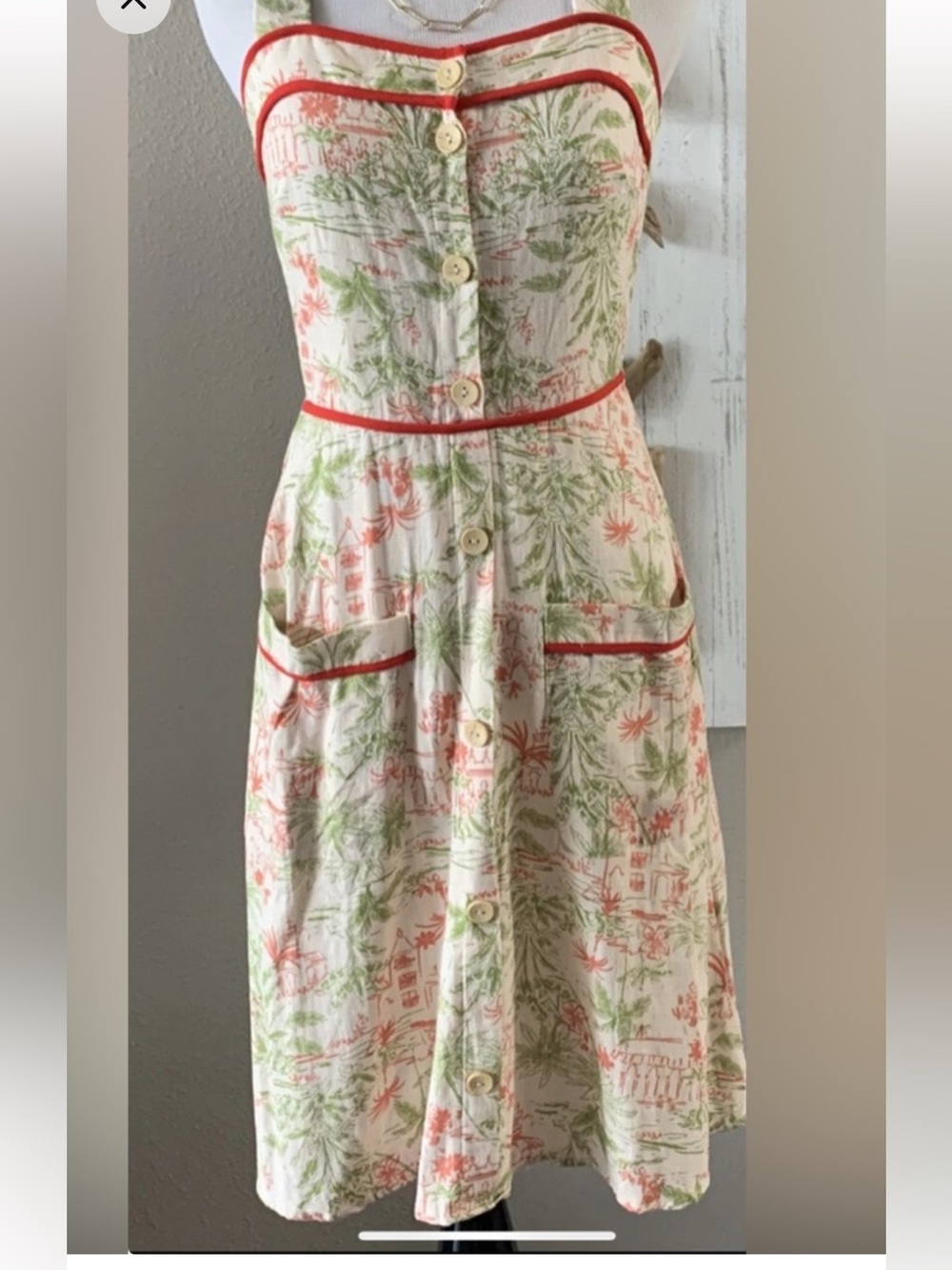 Monteau tropical Button-Front Sundress with Red Trim -linen blend XS